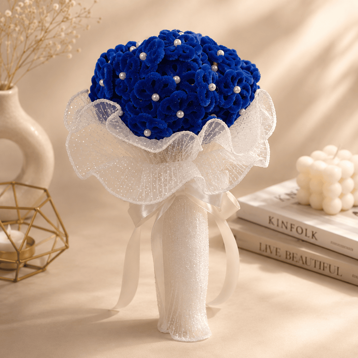 Royal Blue Handmade Fuzzy Wire Flower Bouquet