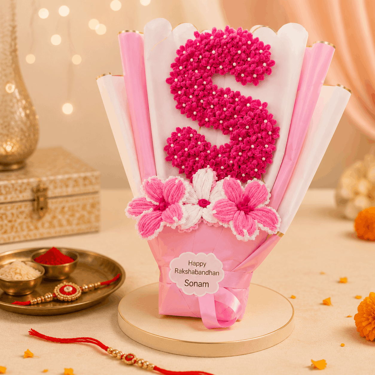 Name Alphabet Floral Bouquet For Rakhi