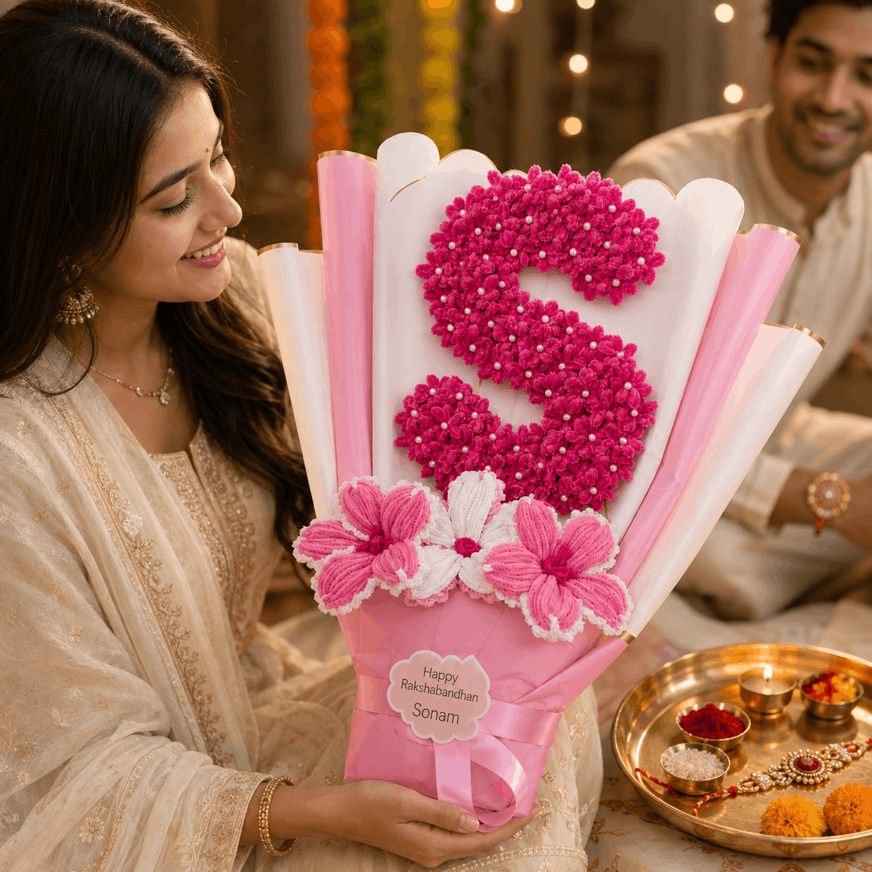 Name Alphabet Floral Bouquet For Rakhi