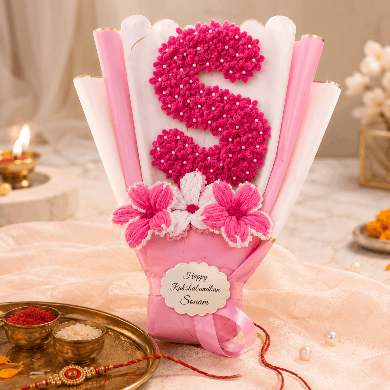 Name Alphabet Floral Bouquet For Rakhi
