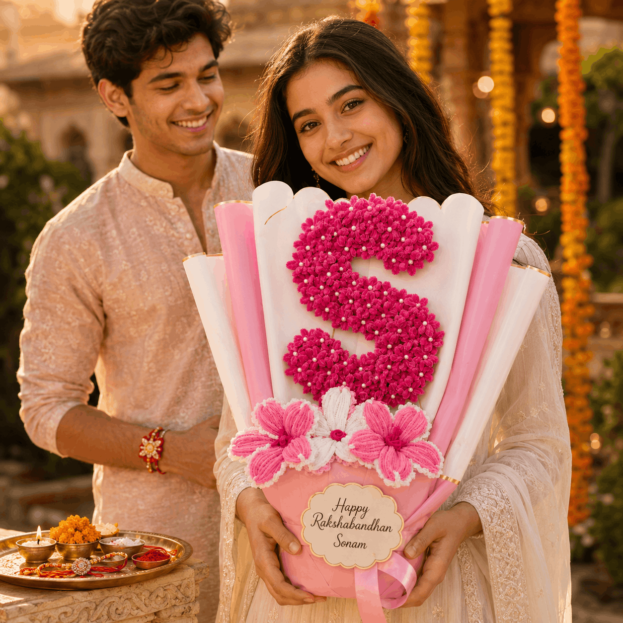 Name Alphabet Floral Bouquet For Rakhi