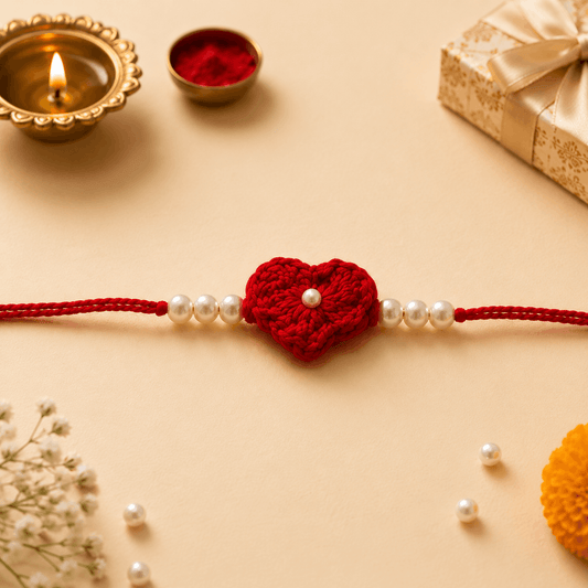 Crochet Red Heart Rakhi with Pearl Beads