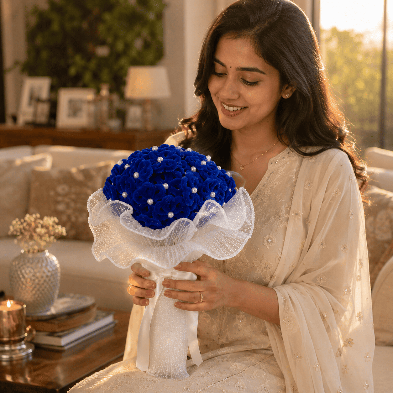 Royal Blue Handmade Fuzzy Wire Flower Bouquet