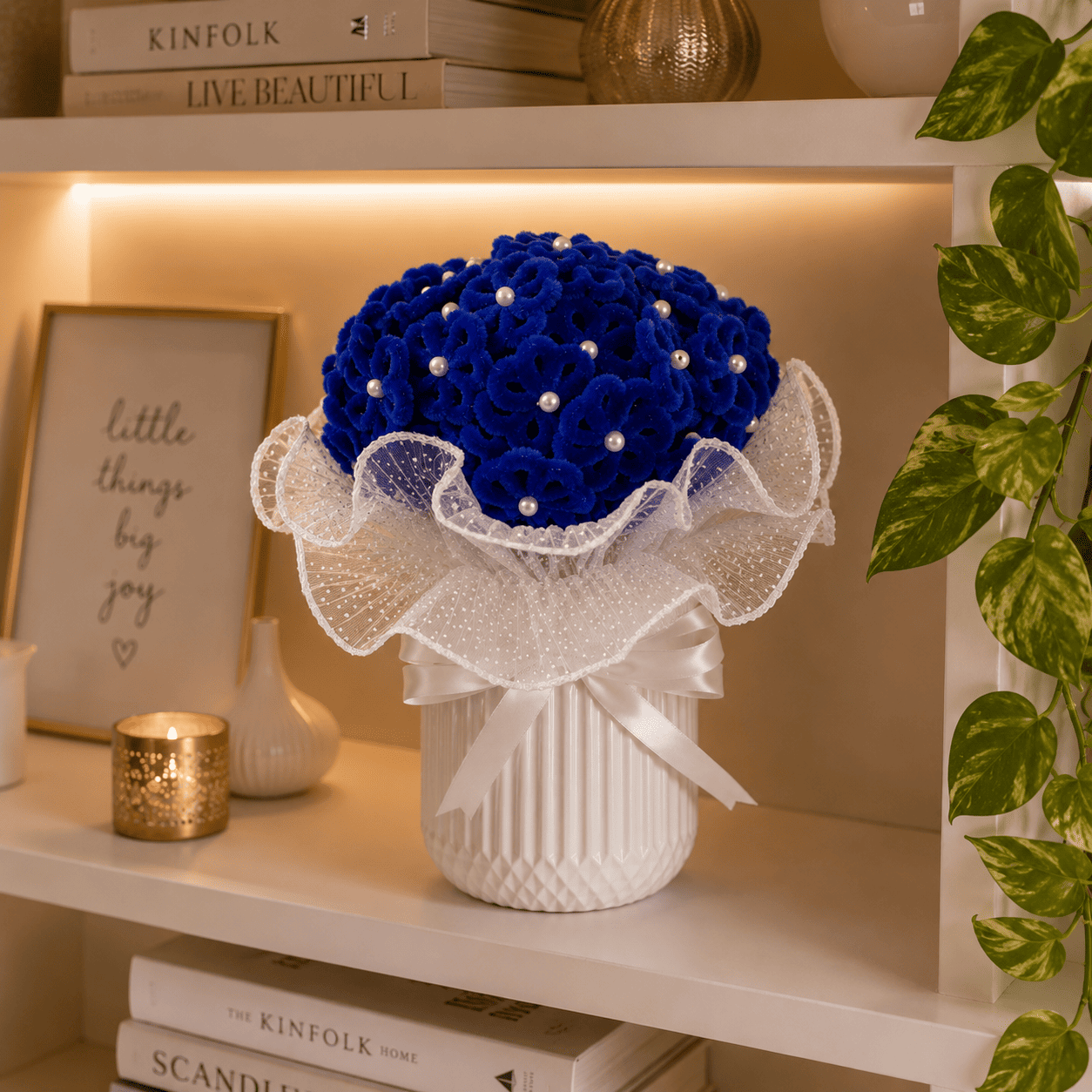 Royal Blue Handmade Fuzzy Wire Flower Bouquet