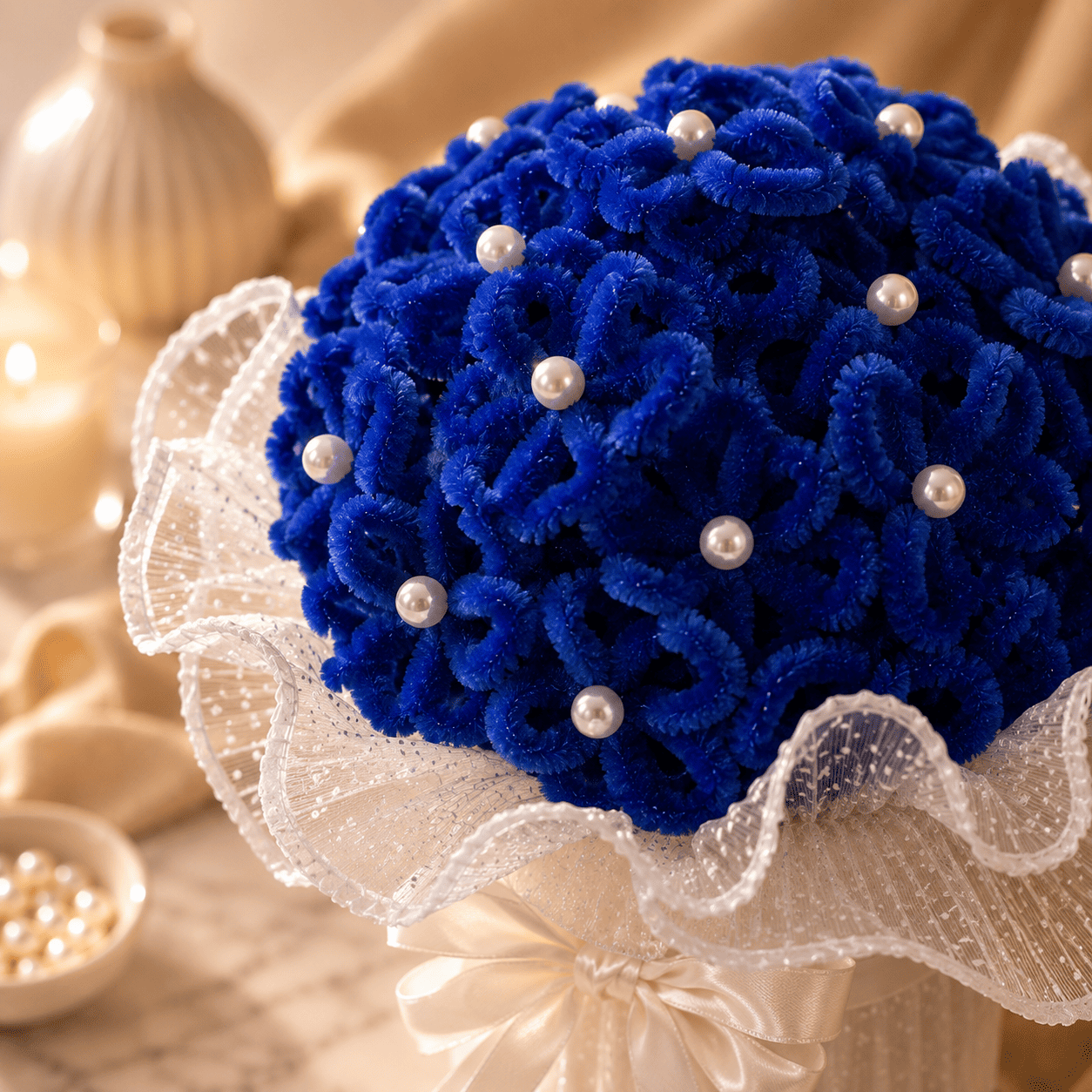Royal Blue Handmade Fuzzy Wire Flower Bouquet