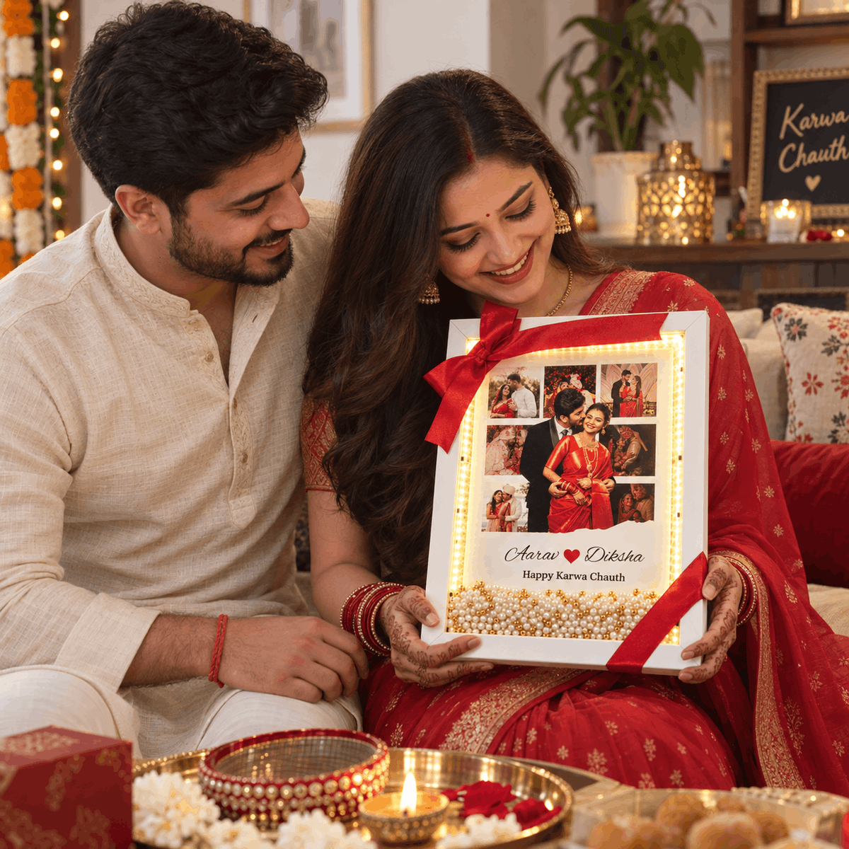 Beautiful LED Floating Pearl Karwa Chauth Frame