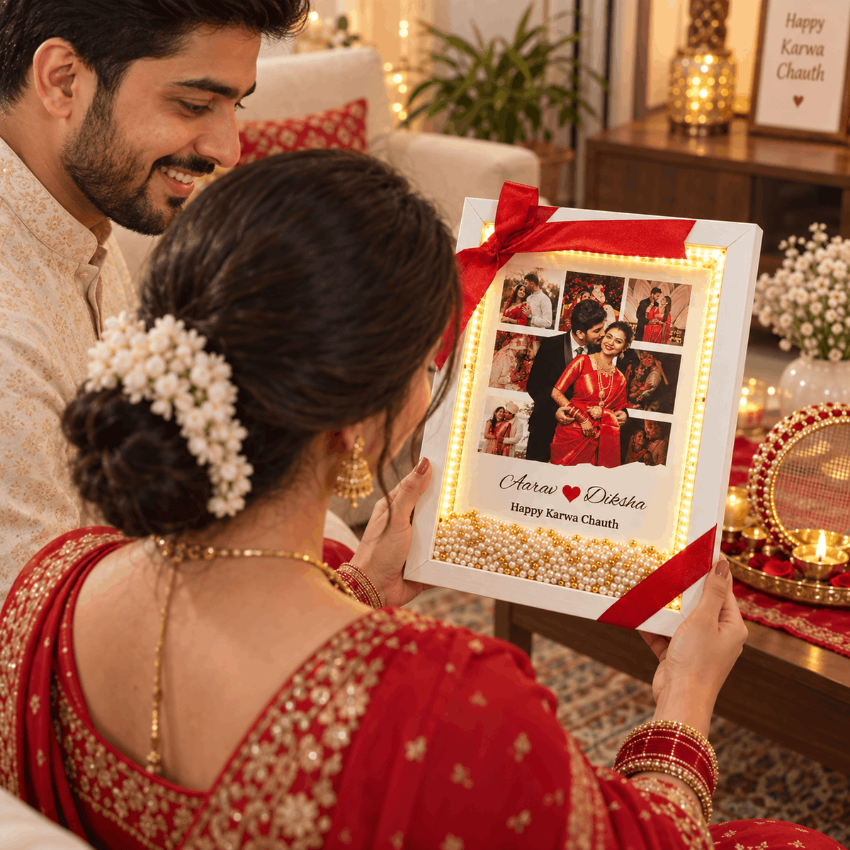 Beautiful LED Floating Pearl Karwa Chauth Frame