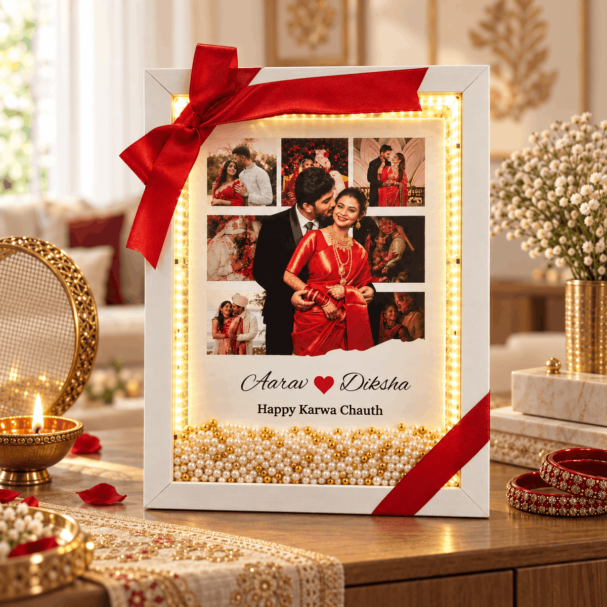 Beautiful LED Floating Pearl Karwa Chauth Frame