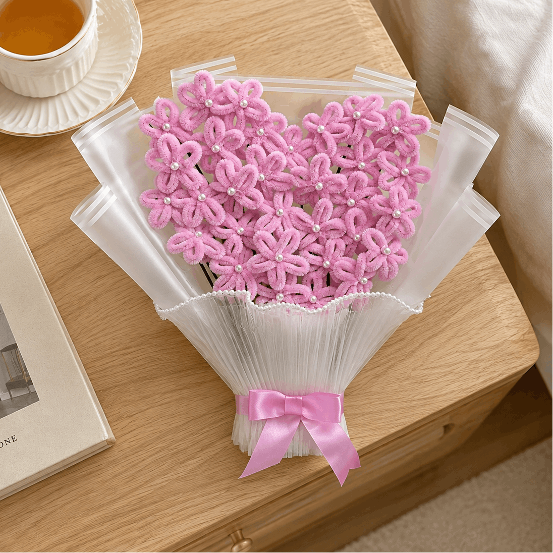 Handcrafted Pink Heart-Shaped Flower Bouquet