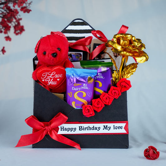 Birthday Surprise Gift Hamper with Teddy, Roses & Chocolates