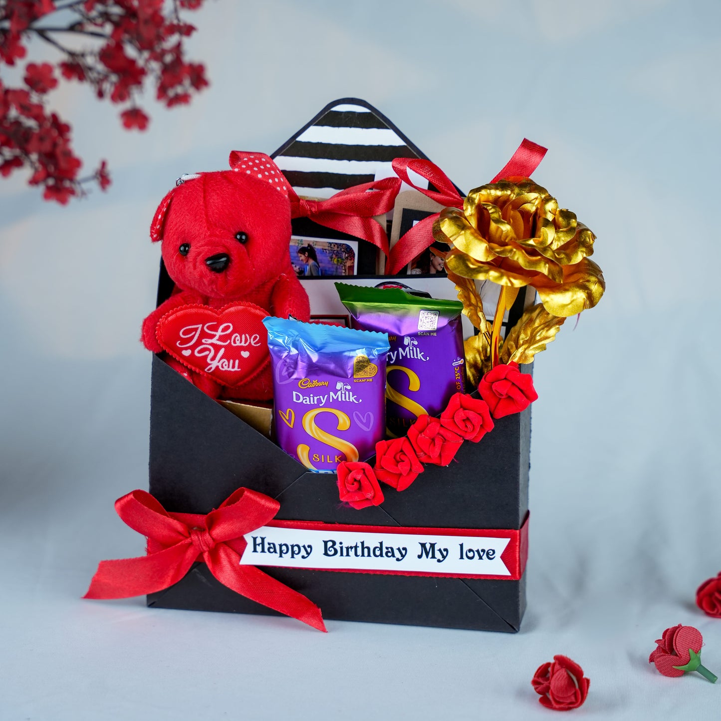 Birthday Surprise Gift Hamper with Teddy, Roses & Chocolates