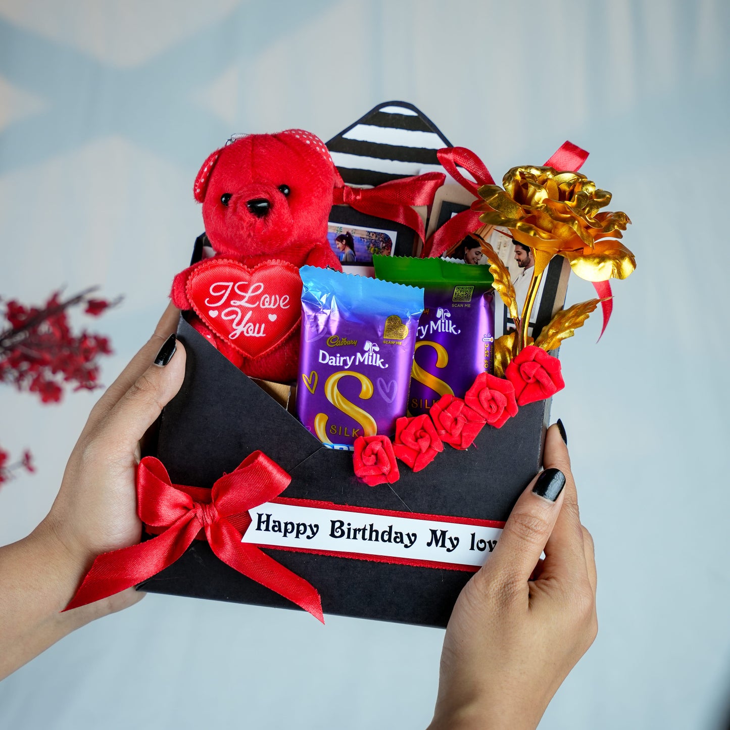 Birthday Surprise Gift Hamper with Teddy, Roses & Chocolates
