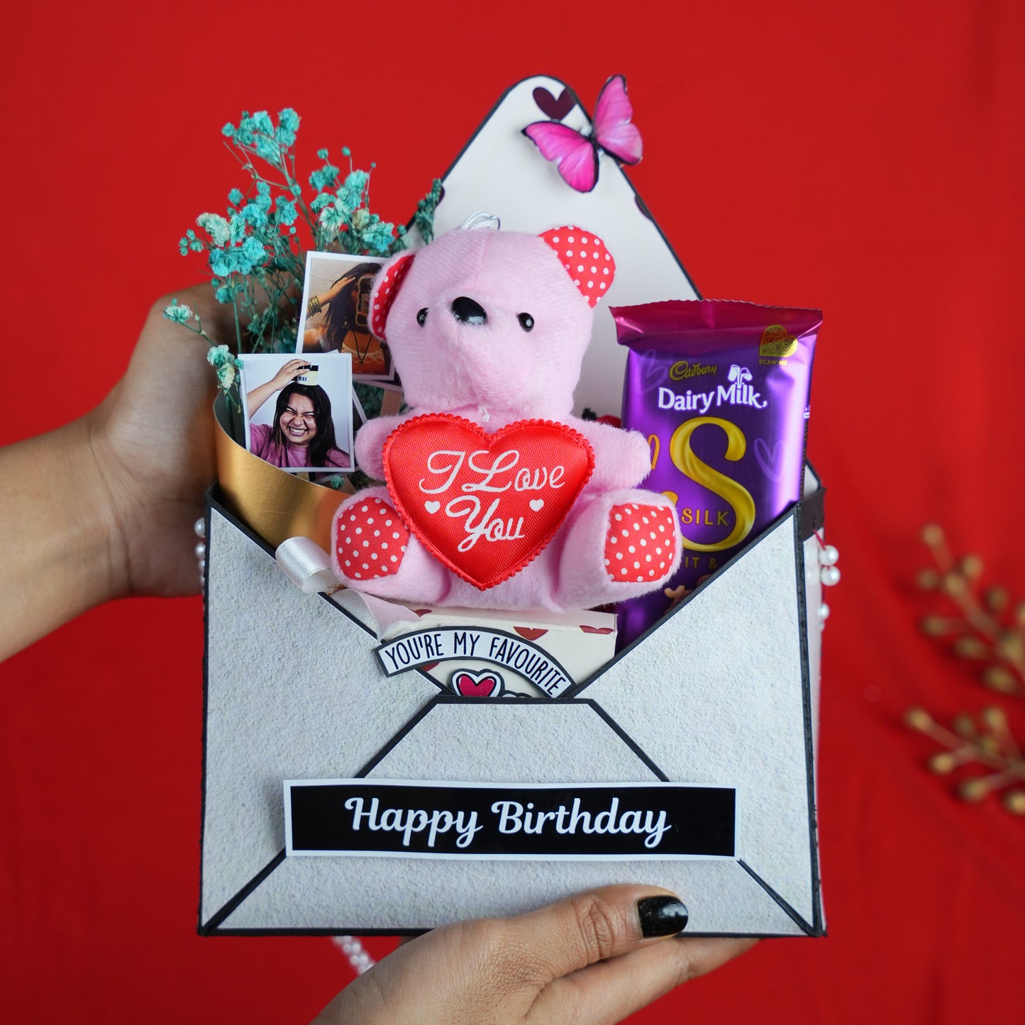 Cute Birthday Surprise Hamper with Teddy & Chocolates