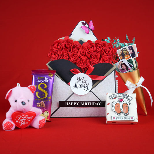 Cute Birthday Surprise Hamper with Teddy & Chocolates
