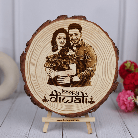 Happy Diwali Himalayan Wooden Slice Engraved Photo Frame (5 To 8 Inches)