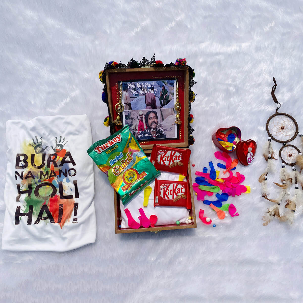 Holi Balloon, Gulal, Chocolate, T-Shirt And Dream Catcher Hamper | Send Gift Hampers on Holi Online