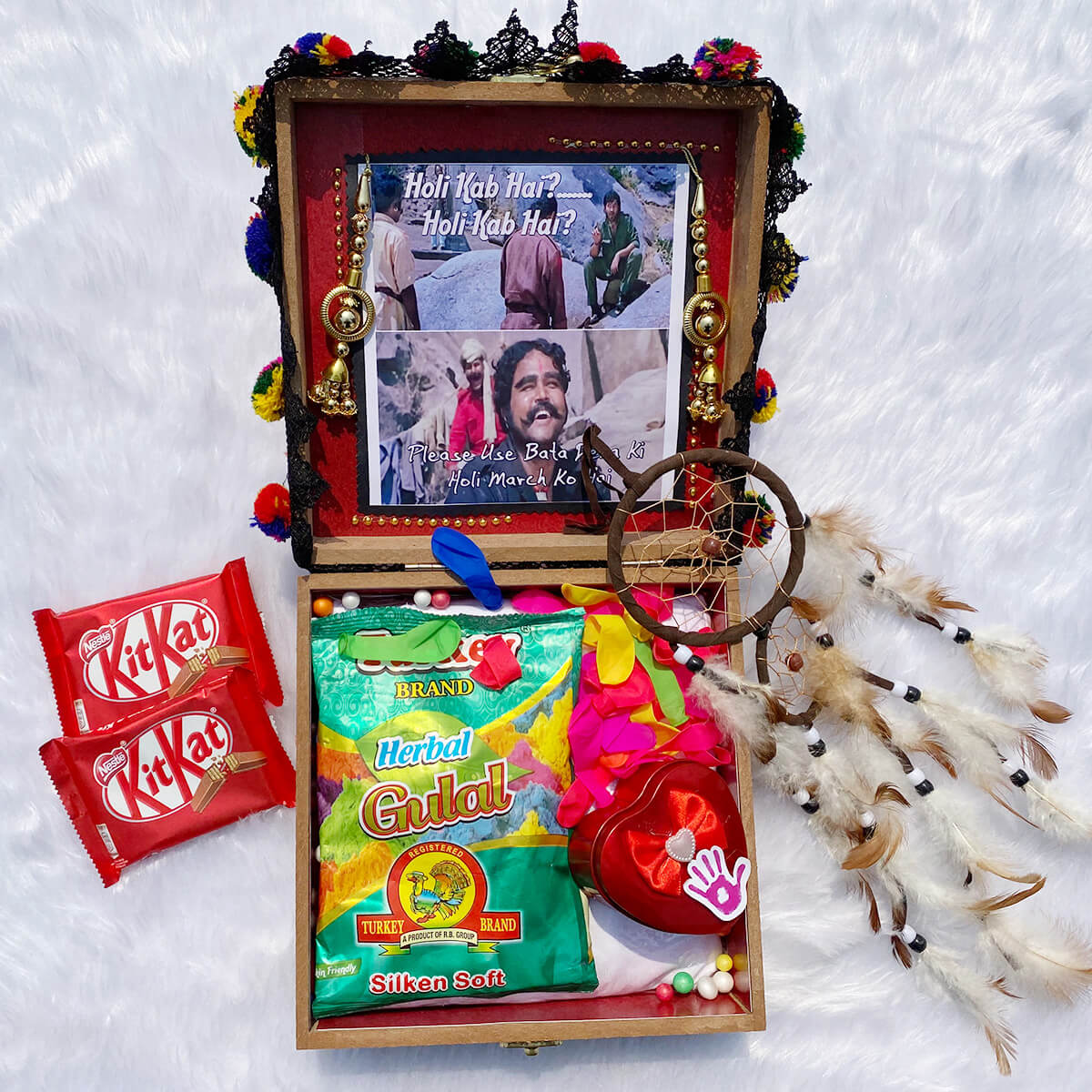Holi Balloon, Gulal, Chocolate, T-Shirt And Dream Catcher Hamper | Send Gift Hampers on Holi Online